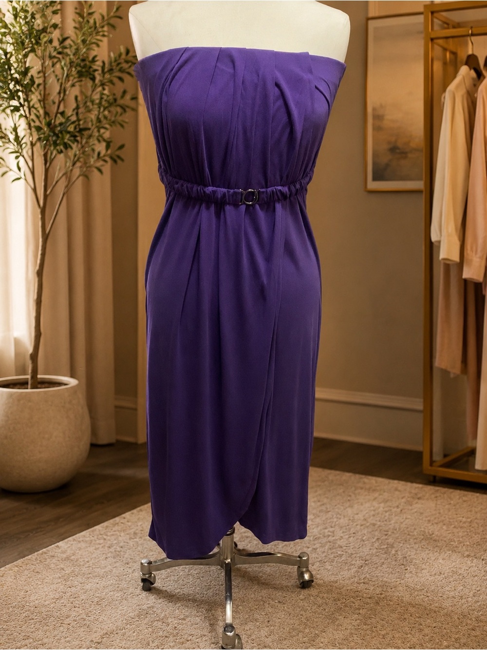 Strapless Purple Ruched Belted Midi Dress